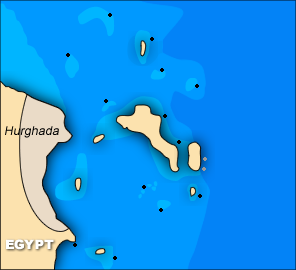 kaartje van de duikplaatsen van Hurghada
